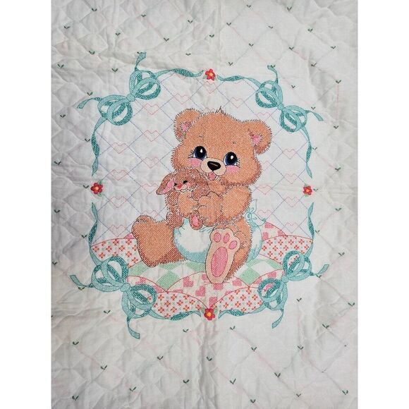 Handmade Embroidered Baby Quilt With Adorable Teddy Bear & Bunny Design - Picture 1 of 11